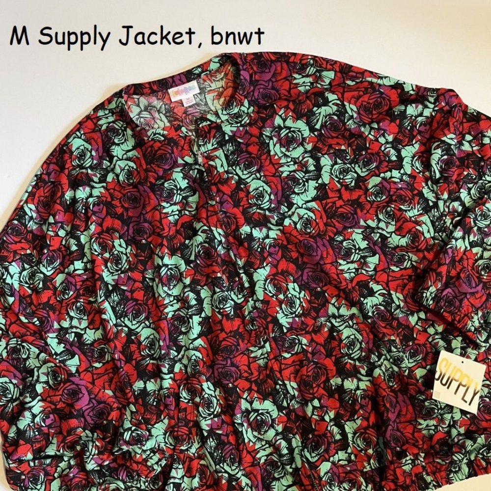 Medium Lularoe Supply Jacket, red, green, purple roses